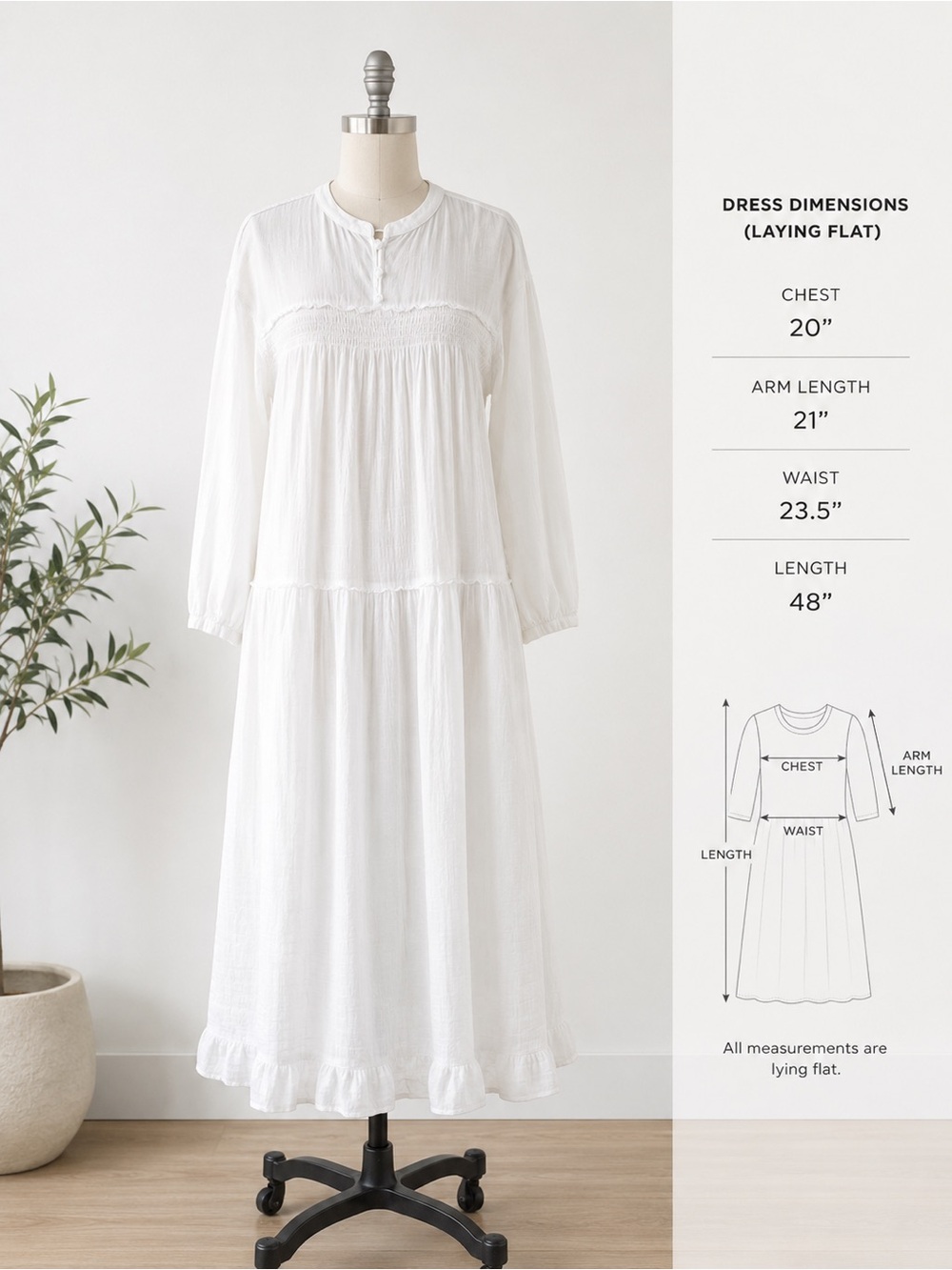 Snidel White Smocked Cotton Caftan Midi Dress One Size Cottagecore Indie Boho